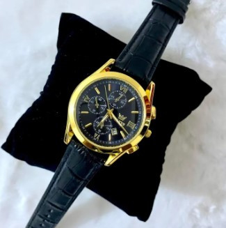 Olevs quartz watch features a gold-tone case and a black leather strap